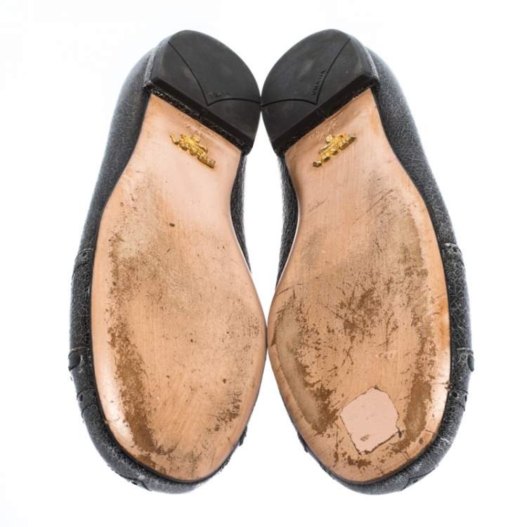 Pre Owned Prada Grey Textured Leather Bow Ballet Flats Size 39.5