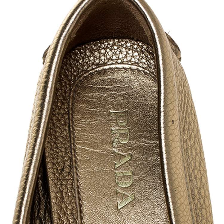 Pre Owned  Prada Metallic Gold Leather Bow Slip On Loafers Size 38