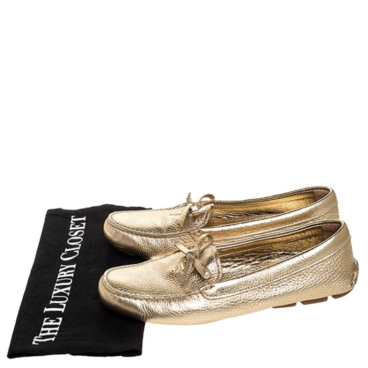 Pre Owned  Prada Metallic Gold Leather Bow Slip On Loafers Size 38