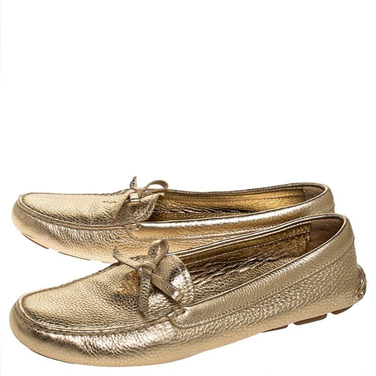 Pre Owned  Prada Metallic Gold Leather Bow Slip On Loafers Size 38