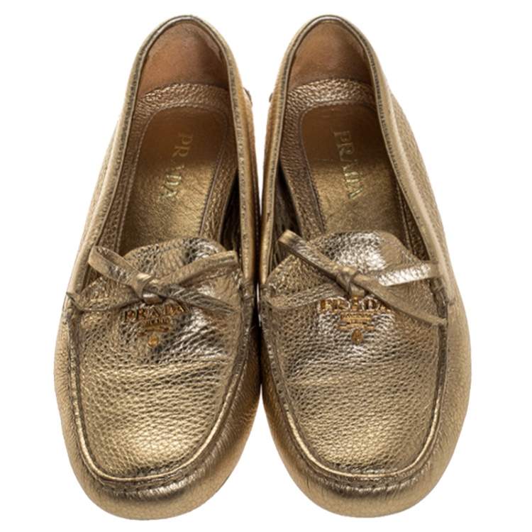 Pre Owned  Prada Metallic Gold Leather Bow Slip On Loafers Size 38
