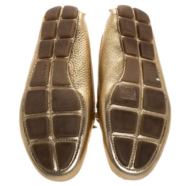 Pre Owned  Prada Metallic Gold Leather Bow Slip On Loafers Size 38