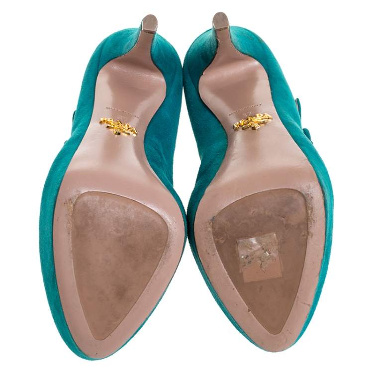 Pre Owned Prada Teal Suede Mary Jane Platform Pumps Size 37