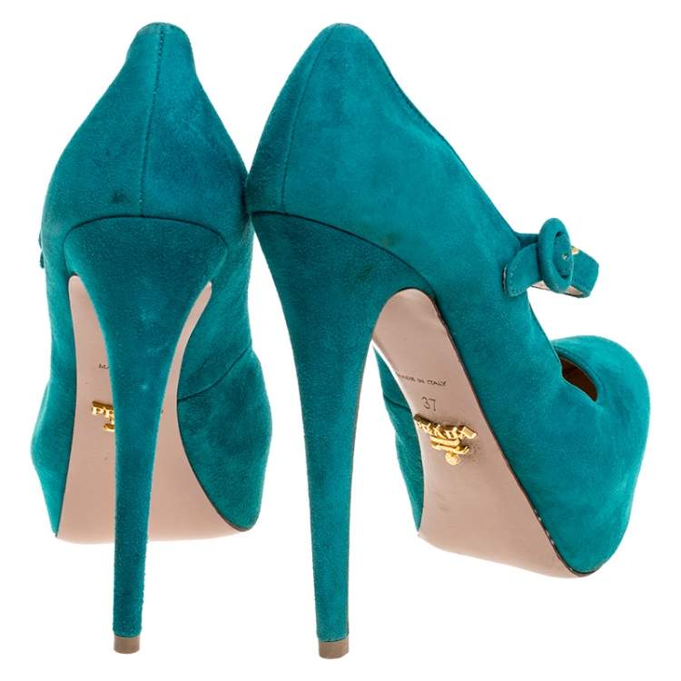 Pre Owned Prada Teal Suede Mary Jane Platform Pumps Size 37
