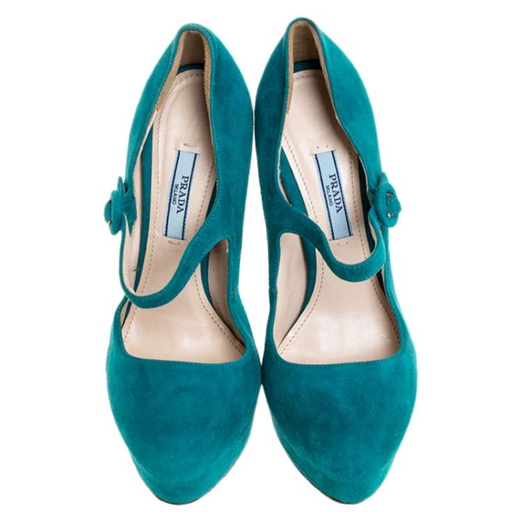 Pre Owned Prada Teal Suede Mary Jane Platform Pumps Size 37
