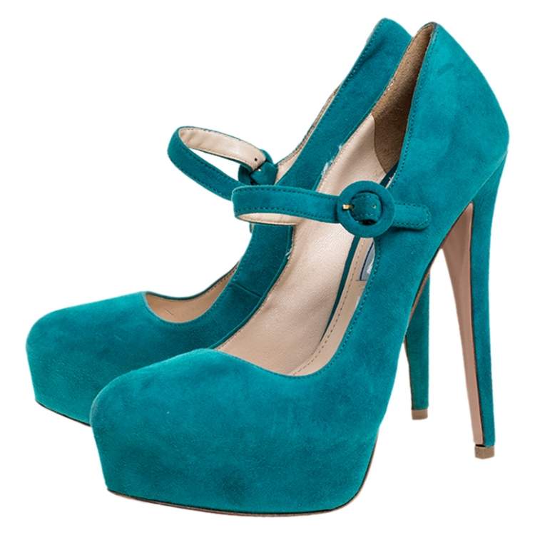 Pre Owned Prada Teal Suede Mary Jane Platform Pumps Size 37