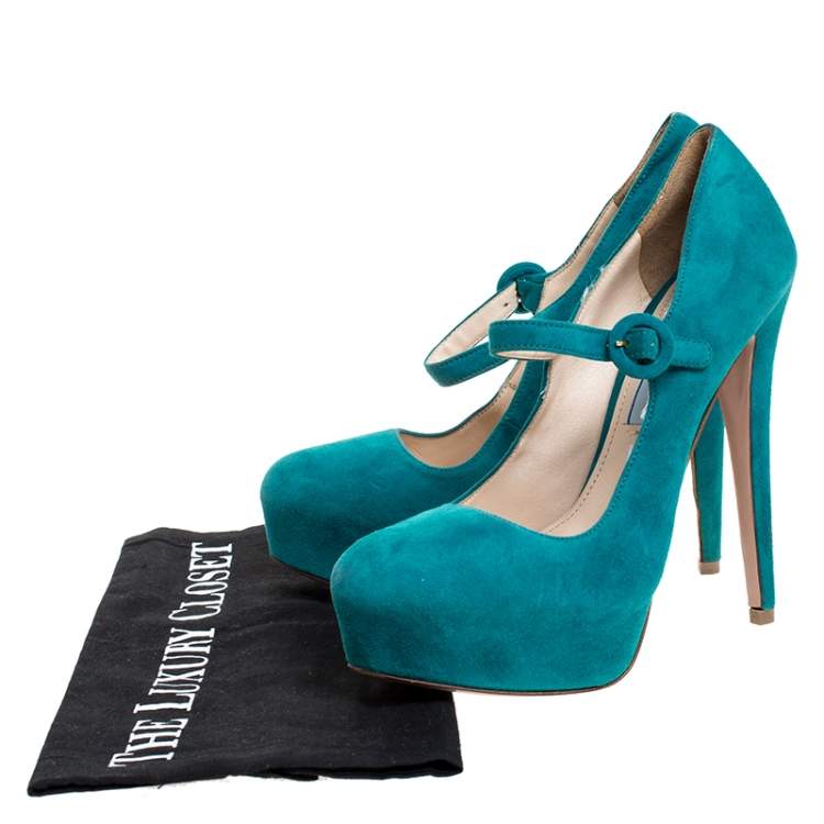 Pre Owned Prada Teal Suede Mary Jane Platform Pumps Size 37