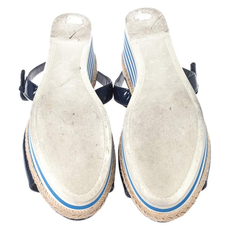 Pre Owned Prada Navy Blue Patent Leather Platform Stripe Wedge Ankle Strap Sandals Size 40