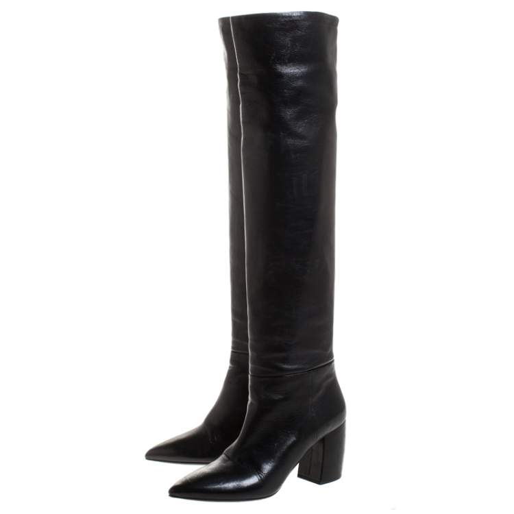 Pre Owned Prada Black Leather Knee Length Boots Size 37