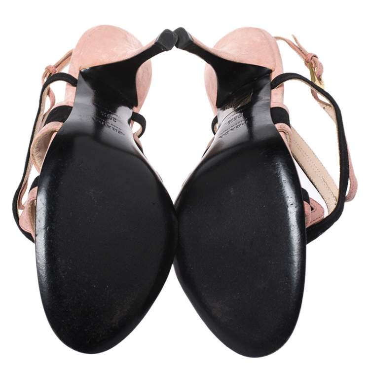 Pre Owned Prada Pink/Black Cut Out Suede Open Toe Ankle Strap Sandals Size 36.5