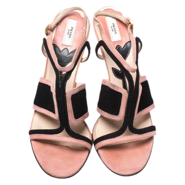 Pre Owned Prada Pink/Black Cut Out Suede Open Toe Ankle Strap Sandals Size 36.5