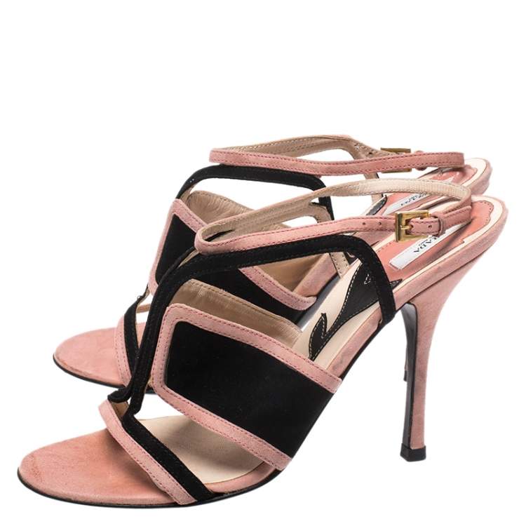 Pre Owned Prada Pink/Black Cut Out Suede Open Toe Ankle Strap Sandals Size 36.5