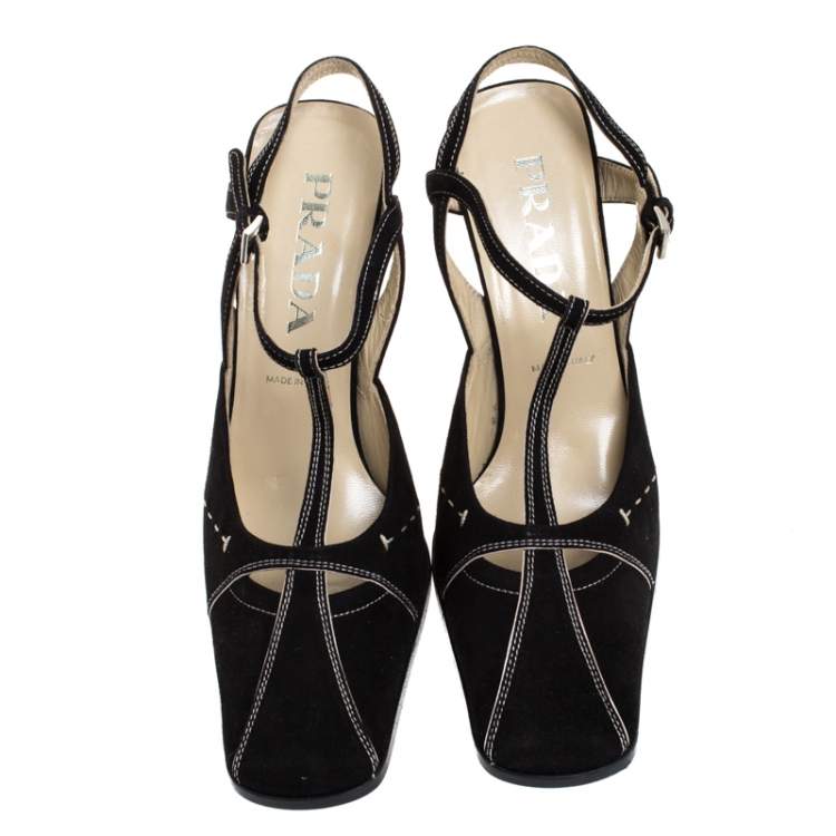 Pre Owned Prada Black Suede T Bar Square Toe Ankle Strap Pumps Size 37.5