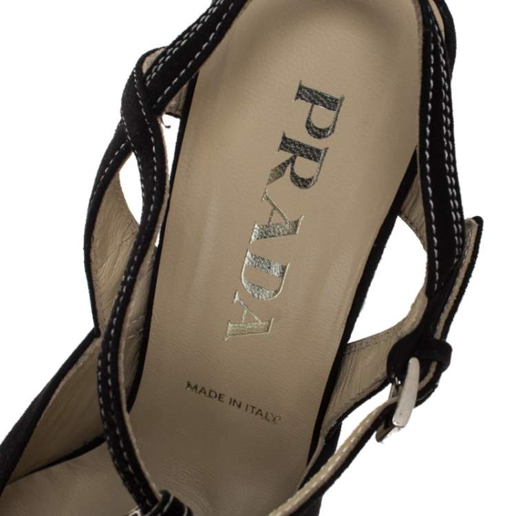 Pre Owned Prada Black Suede T Bar Square Toe Ankle Strap Pumps Size 37.5