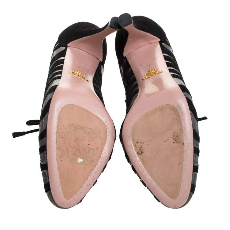 Pre Owned Prada Grey/Black Flame Detail Suede and Leather Lace Up Booties Size 37