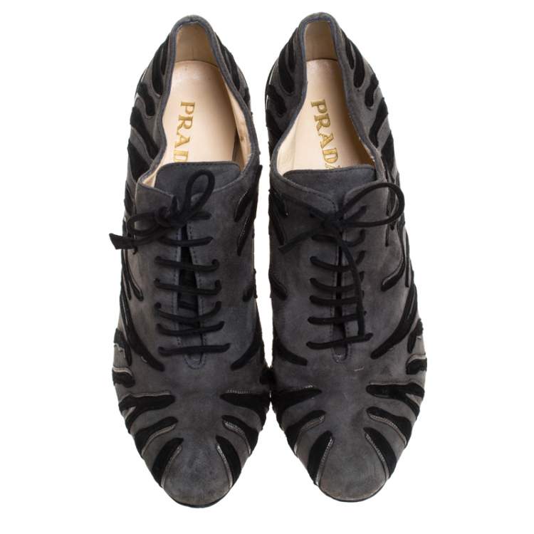 Pre Owned Prada Grey/Black Flame Detail Suede and Leather Lace Up Booties Size 37