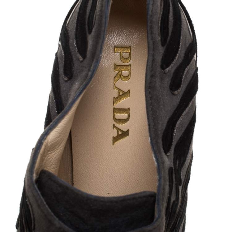 Pre Owned Prada Grey/Black Flame Detail Suede and Leather Lace Up Booties Size 37