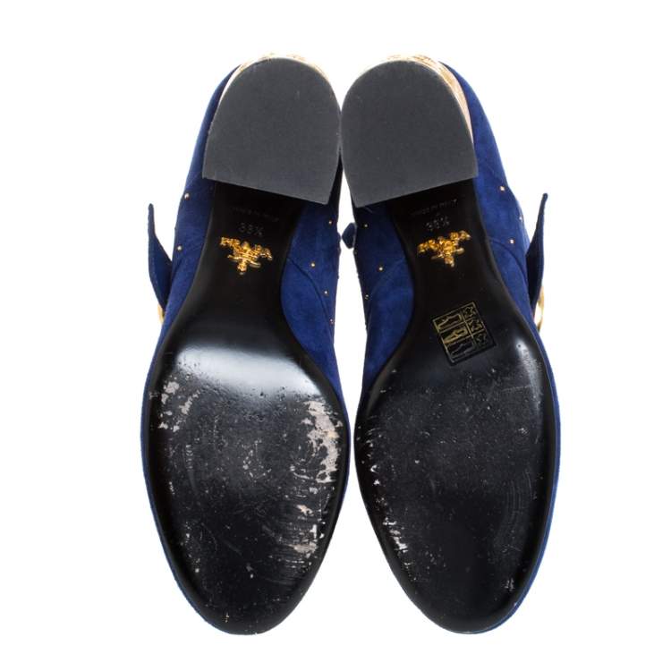 Pre Owned Prada Blue Suede Studded Metallic Block Heel Ankle Boots Size 38.5