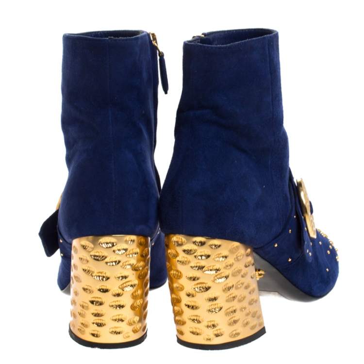 Pre Owned Prada Blue Suede Studded Metallic Block Heel Ankle Boots Size 38.5