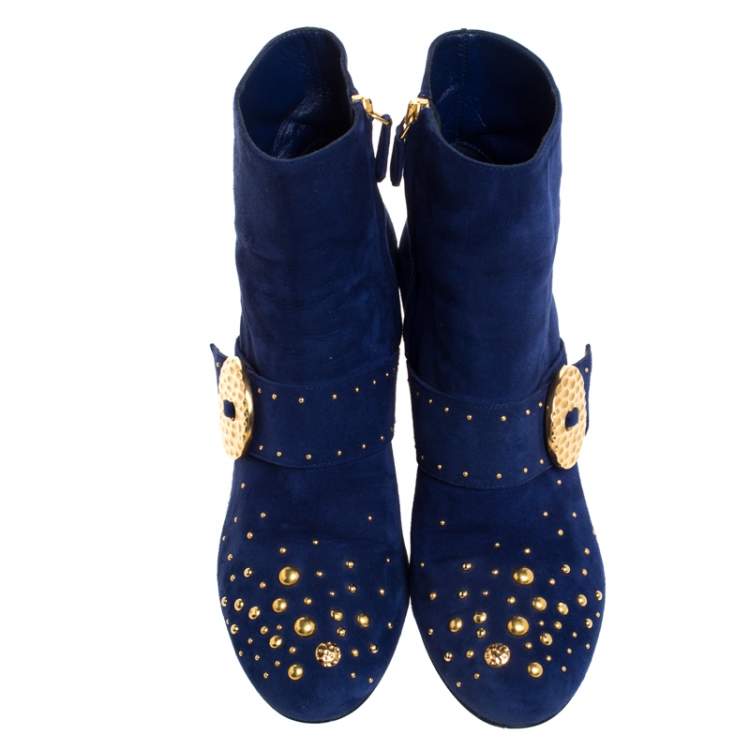 Pre Owned Prada Blue Suede Studded Metallic Block Heel Ankle Boots Size 38.5