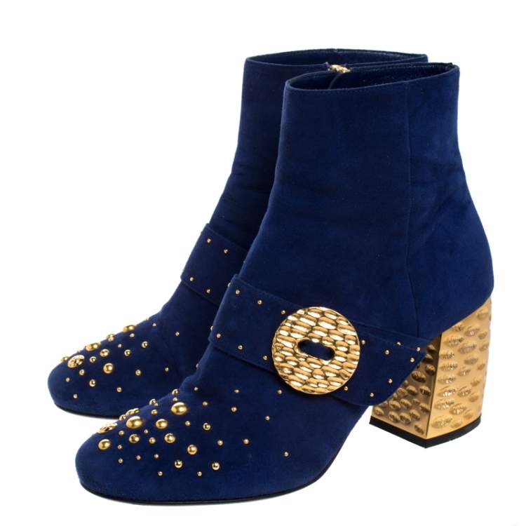 Pre Owned Prada Blue Suede Studded Metallic Block Heel Ankle Boots Size 38.5
