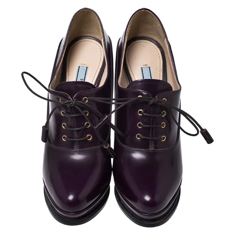 Pre Owned Prada Purple Leather Lace Up Platform Booties Size 36.5
