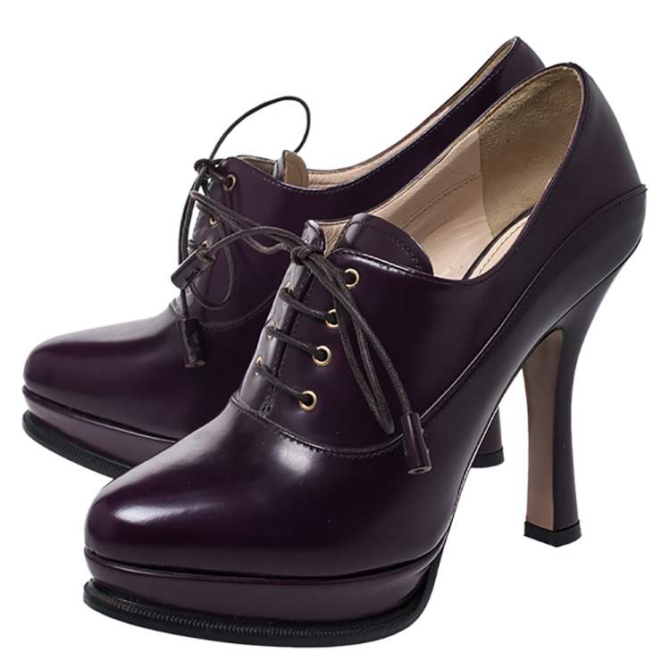 Pre Owned Prada Purple Leather Lace Up Platform Booties Size 36.5