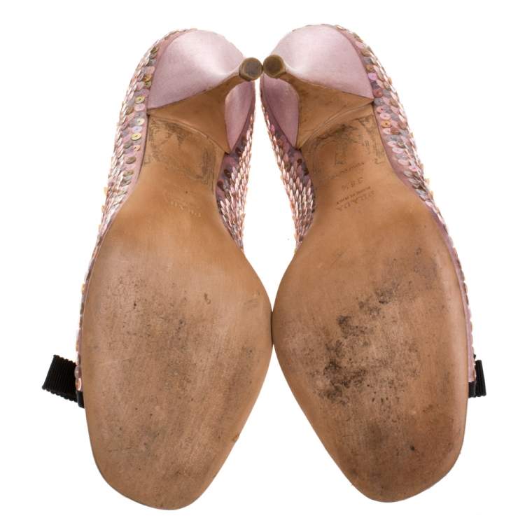 Pre Owned Prada Pink Satin Sequin Embellished Bow Detail Peep Toe Pumps Size 38.5