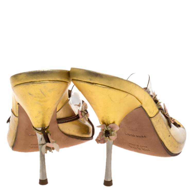 Pre Owned Prada Multicolor PVC and Leather Flower Embellished Slide Sandals Size 38.5