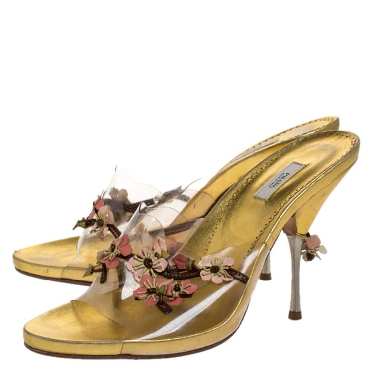 Pre Owned Prada Multicolor PVC and Leather Flower Embellished Slide Sandals Size 38.5