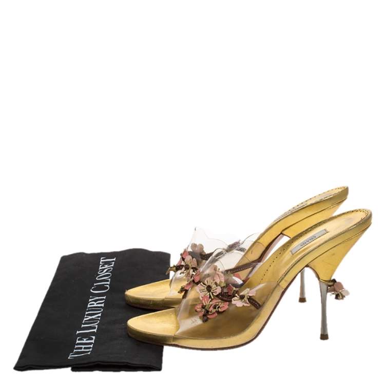 Pre Owned Prada Multicolor PVC and Leather Flower Embellished Slide Sandals Size 38.5