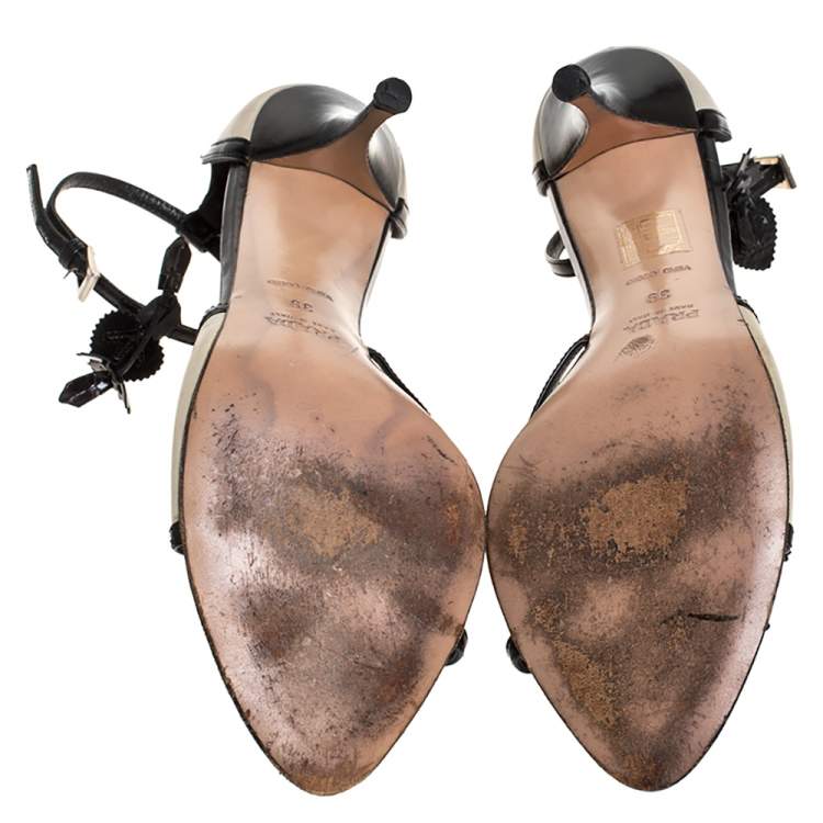 Pre Owned Prada Black/Off White Leather Floral Embellished Ankle Strap Sandals Size 39