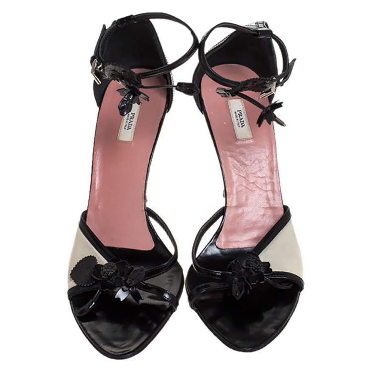 Pre Owned Prada Black/Off White Leather Floral Embellished Ankle Strap Sandals Size 39