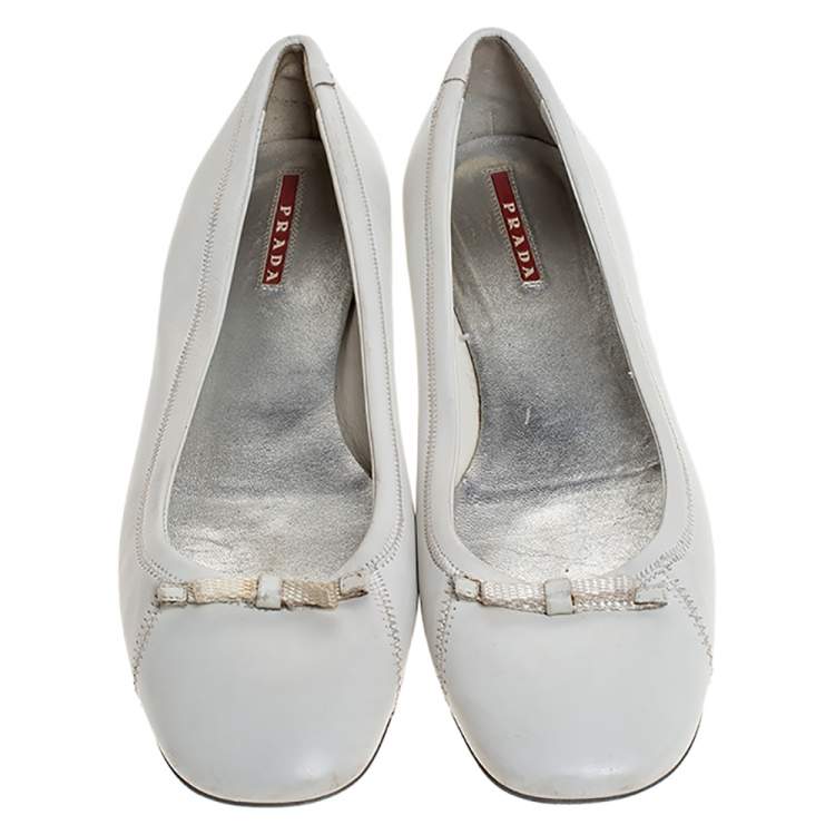 Pre Owned Prada White Leather Bow Ballet Flats Size 39