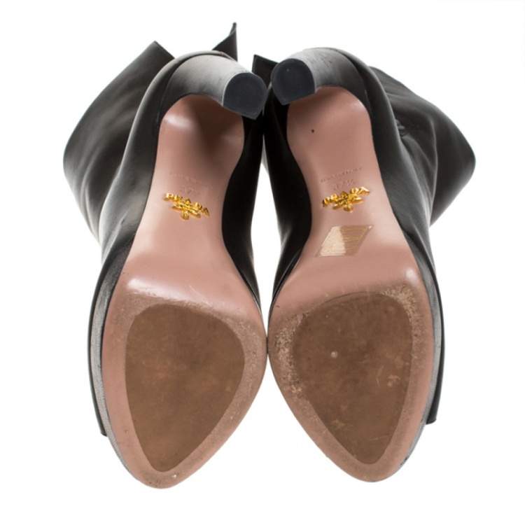 Pre Owned Prada Black Leather Peep Toe Platform Ankle Boots Size 37.5