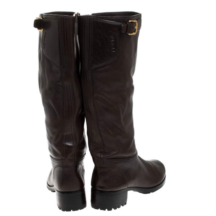 Pre Owned Prada Brown Leather Block Heel Knee Length Boots Size 39