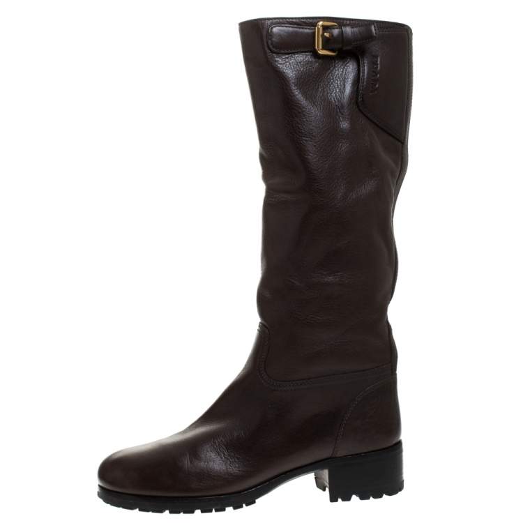 Pre Owned Prada Brown Leather Block Heel Knee Length Boots Size 39
