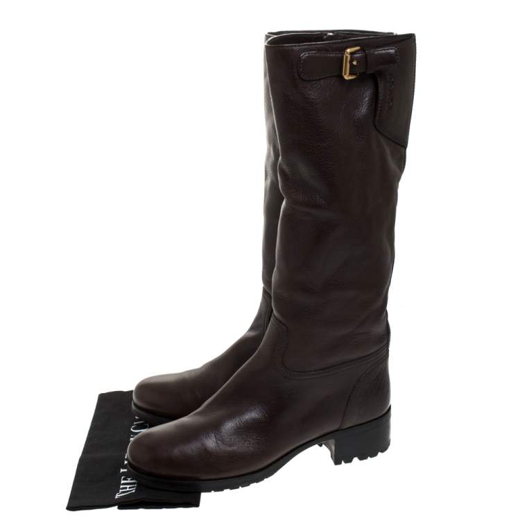 Pre Owned Prada Brown Leather Block Heel Knee Length Boots Size 39