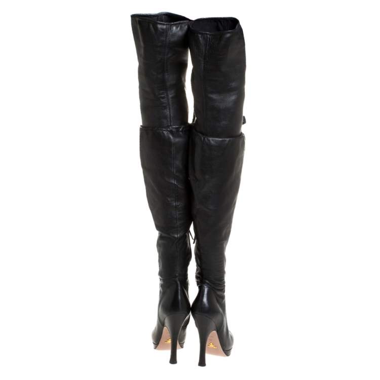 Pre Owned Prada Black Leather Over The Knee Boots Size 38.5