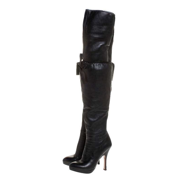 Pre Owned Prada Black Leather Over The Knee Boots Size 38.5