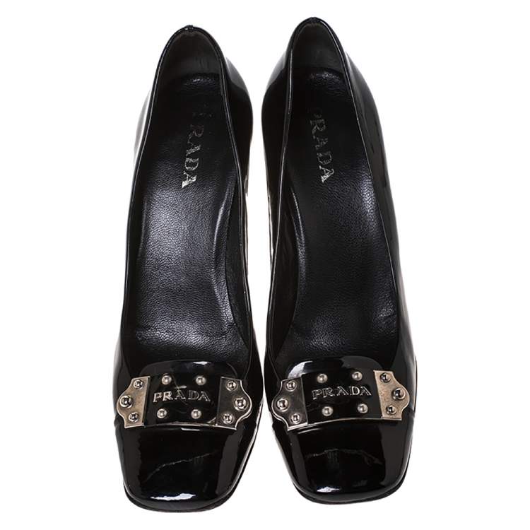Pre Owned Prada Black Patent Leather Logo Detail Pumps Size 38