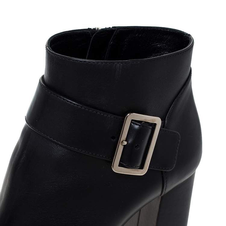 Pre Owned Prada Black Leather Buckle Detail Block Heel Ankle Boots Size 35.5