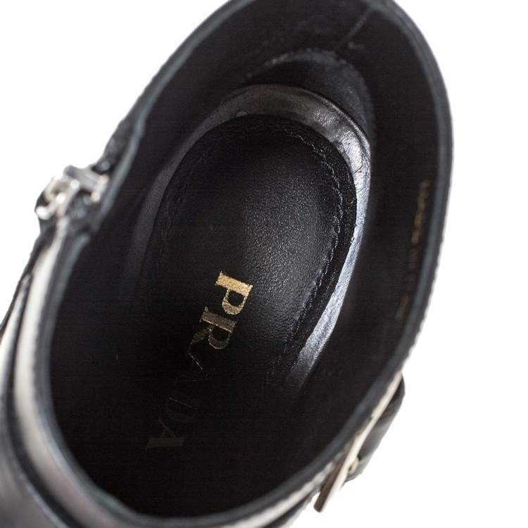Pre Owned Prada Black Leather Buckle Detail Block Heel Ankle Boots Size 35.5