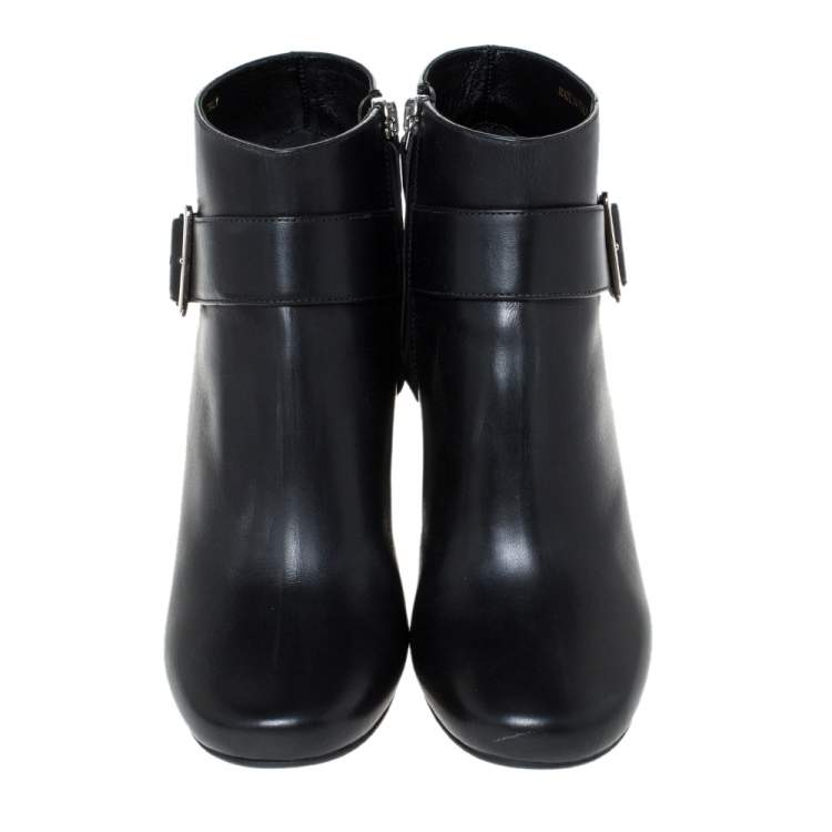 Pre Owned Prada Black Leather Buckle Detail Block Heel Ankle Boots Size 35.5