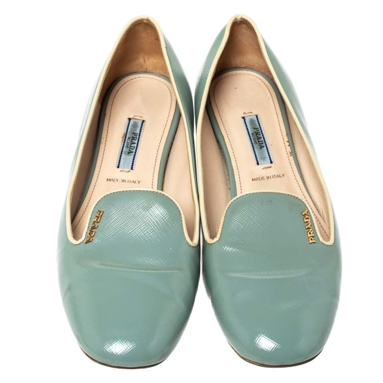 Pre Owned Prada Blue Patent Saffiano Leather Smoking Slippers Size 38.5