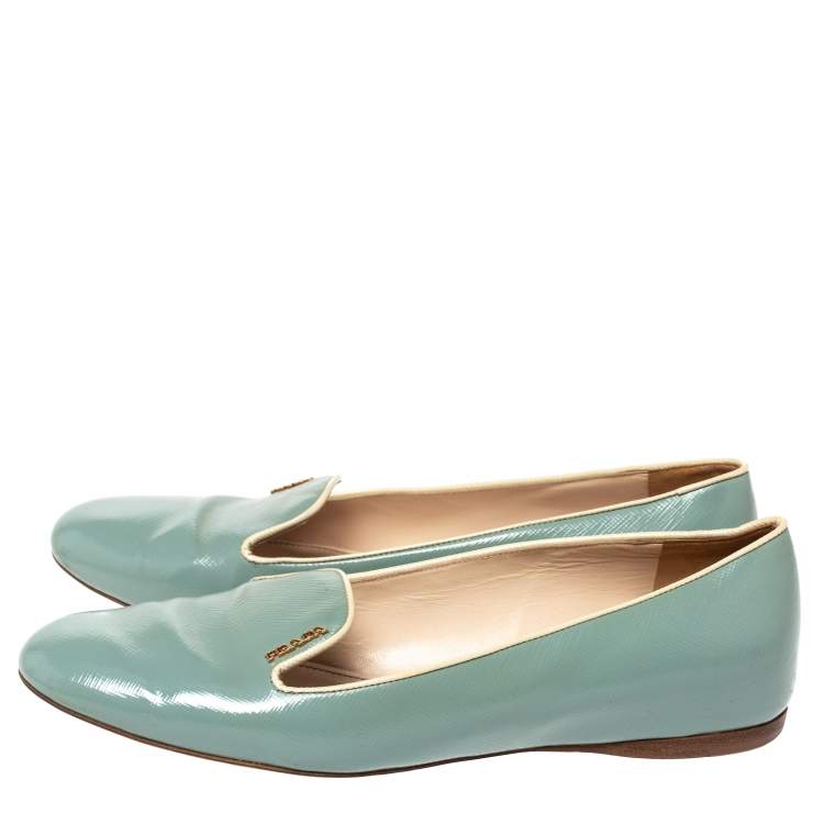 Pre Owned Prada Blue Patent Saffiano Leather Smoking Slippers Size 38.5