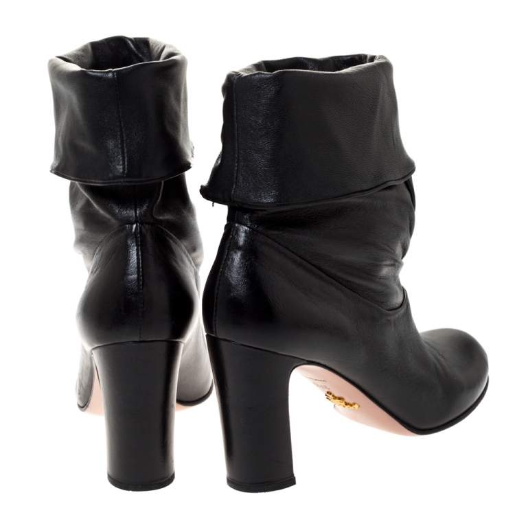 Pre Owned Prada Black Leather Fold Over Ankle Booties Size 37.5