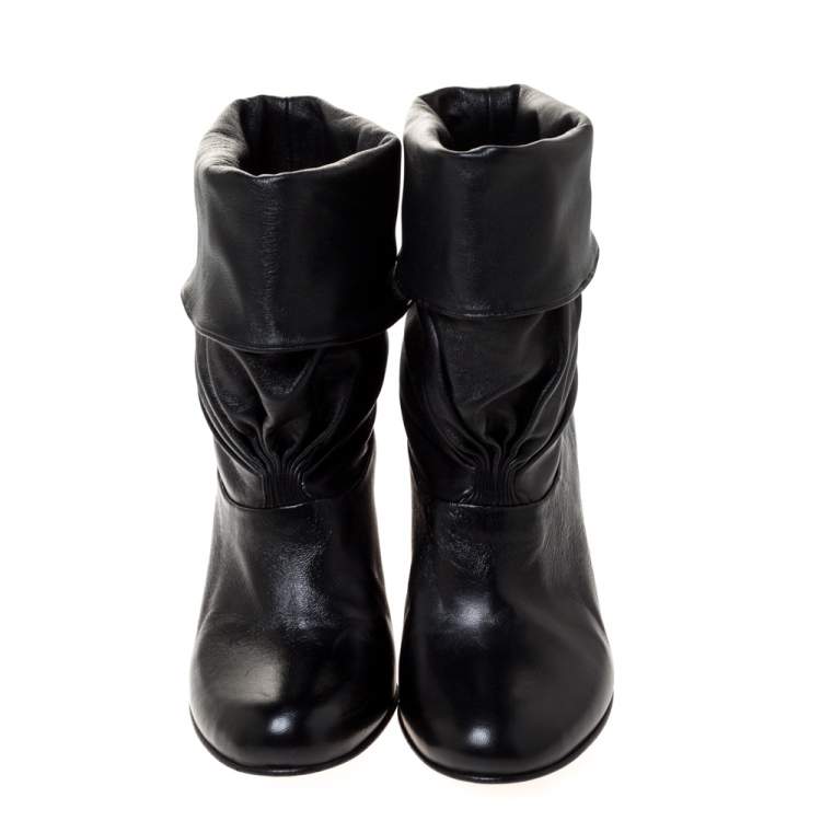 Pre Owned Prada Black Leather Fold Over Ankle Booties Size 37.5