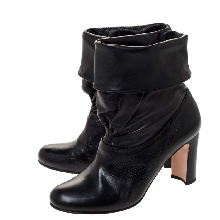 Pre Owned Prada Black Leather Fold Over Ankle Booties Size 37.5