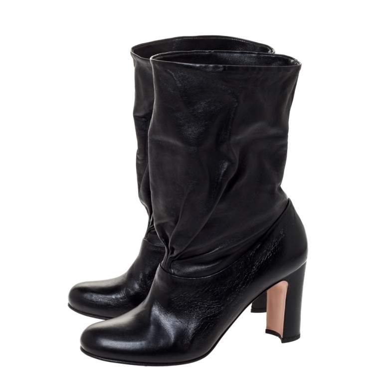 Pre Owned Prada Black Leather Fold Over Ankle Booties Size 37.5
